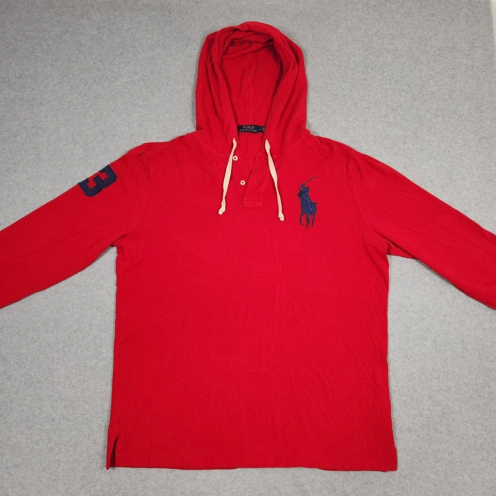 Polo Ralph Lauren Hoodie Mens Large Red Big Pony Lightweight Button Drawstrings